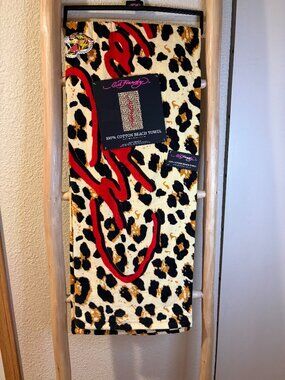 Ed Hardy Leopard Print Beach Towel 100% Cotton Red Script 36x68 NWT